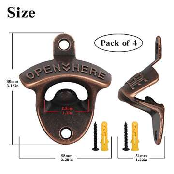 4 Pcs Bottle Opener Wall Mounted, Antique Metal Beer Bottle Top Openers Hardware With Mount Screws Set, Outdoor, Rustic, Cabinet, Bar (Vintage-Red bronze)