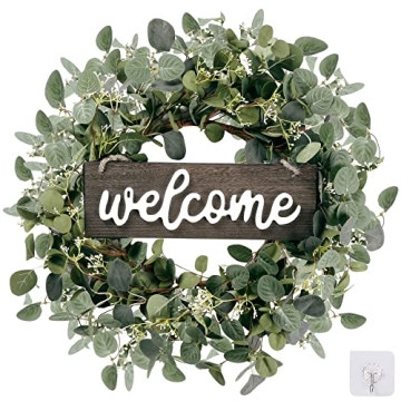 Sggvecsy Green Eucalyptus Leaf Wreath with Welcome Sign 20in Artificial Eucalyptus Wreath Spring Sum...