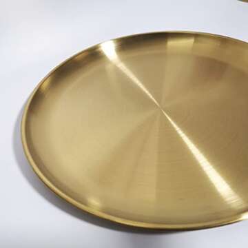 Round Gold Decorative Tray Serving Platter Metal Display Tray 10.23 inches Nice Living Room Quality Shiny Holder Kitchen Table Coaster Counter Simple Attractive Tray Brass