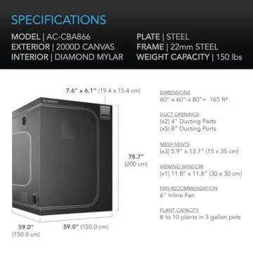 AC Infinity CLOUDLAB 866 Advance Grow Tent, 60”x60”x80” Thickest 1 in. Poles, Highest Density 2000D Diamond Mylar Canvas, 5x5 for Hydroponics Indoor Growing