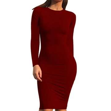 Mokoru Women's Casual Basic Pencil Dress Sexy Long Sleeve Bodycon Midi Club Dress, Large, Wine Red