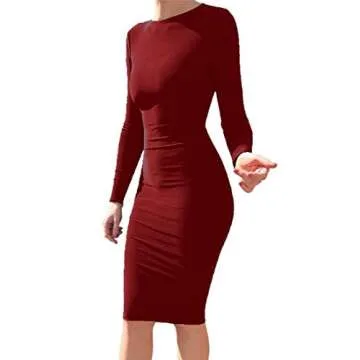 Mokoru Women's Casual Basic Pencil Dress Sexy Long Sleeve Bodycon Midi Club Dress, Large, Wine Red