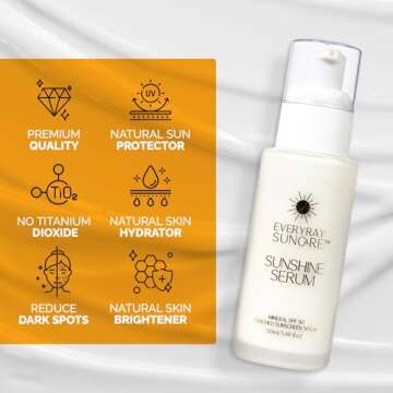 EveryRay Suncare - Sunshine Serum - Enriched Mineral Suncreen Serum - 1.69 fl oz - SPF 50 with skin hydrating squalane and Vitamin C - For All Skin Types and Skin Tones