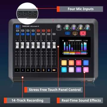 TASCAM Mixcast 4 Podcast Streaming Mixer, Recorder, and USB Audio Interface — Four XLR/TRS Mic Inputs, Touch Screen and Editing Software Included