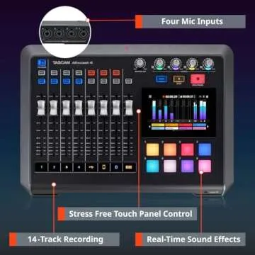 TASCAM Mixcast 4 Podcast Streaming Mixer, Recorder, and USB Audio Interface — Four XLR/TRS Mic Inputs, Touch Screen and Editing Software Included