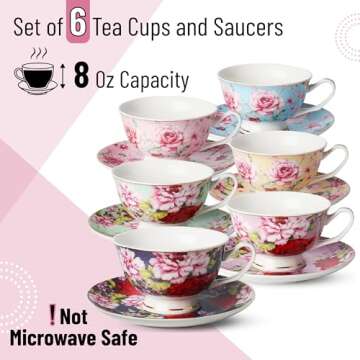 BTaT- Tea Cups, Tea Cups and Saucers Set of 6, Tea Set, Floral Tea Cups (8oz), Tea Cups and Saucers ...