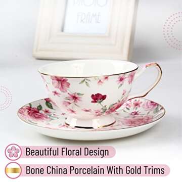 BTaT- Tea Cups, Tea Cups and Saucers Set of 6, Tea Set, Floral Tea Cups (8oz), Tea Cups and Saucers Set, Tea Set, Porcelain Tea Cups, Tea Cups for Tea Party, Rose Teacups, China Tea Cups (Bone China)