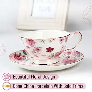 BTaT- Tea Cups, Tea Cups and Saucers Set of 6, Tea Set, Floral Tea Cups (8oz), Tea Cups and Saucers Set, Tea Set, Porcelain Tea Cups, Tea Cups for Tea Party, Rose Teacups, China Tea Cups (Bone China)