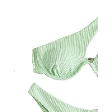 Lilosy Sexy Underwire Push Up Ribbed Cutout One Shoulder High Cut Leg Thong Brazilian Bikini Swimsuit Set Women Cheeky Bottom Bathing Suit 2 Two Piece Mint Green Medium