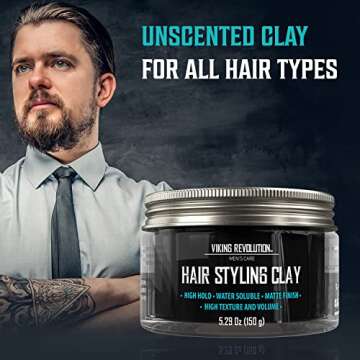Viking Revolution Hair Styling Agent Hair Clay for Men - Matte - Clay Pomade for Men Hair Styling - Hair Putty for Men Hair Styling Cream High Hold Matte Finish (5.29oz)