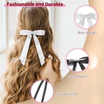 6pcs Hair Bows for Women Adults Girls, Hair Bows Clips Hair Ribbon Tassel with Long Tail, Cute Hair Accessories Silky Satin Barrettes Ponytail Holder Bow (Black & White, 3 Size)