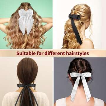 6pcs Hair Bows for Women Adults Girls, Hair Bows Clips Hair Ribbon Tassel with Long Tail, Cute Hair Accessories Silky Satin Barrettes Ponytail Holder Bow (Black & White, 3 Size)