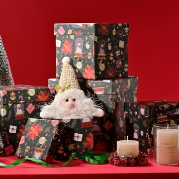 PAPER FAIR 5PCS Christmas Nesting Gift Boxes with Lid, Xmas Nested Box Set, 5 Sizes, Square Stackable, Green Gold Foil Snowman Candy Cane Paper Box Tower Décor, for Holiday Thanksgiving New Year