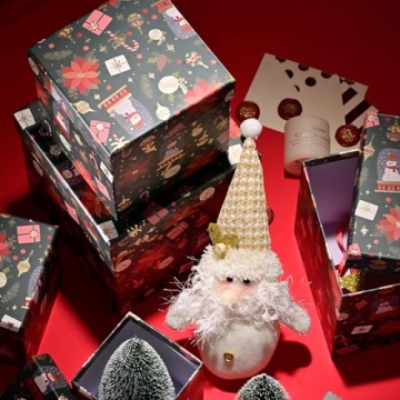 PAPER FAIR 5PCS Christmas Nesting Gift Boxes with Lid, Xmas Nested Box Set, 5 Sizes, Square Stackable, Green Gold Foil Snowman Candy Cane Paper Box Tower Décor, for Holiday Thanksgiving New Year