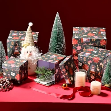 PAPER FAIR 5PCS Christmas Nesting Gift Boxes with Lid, Xmas Nested Box Set, 5 Sizes, Square Stackable, Green Gold Foil Snowman Candy Cane Paper Box Tower Décor, for Holiday Thanksgiving New Year