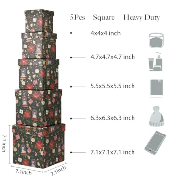 PAPER FAIR 5PCS Christmas Nesting Gift Boxes with Lid, Xmas Nested Box Set, 5 Sizes, Square Stackable, Green Gold Foil Snowman Candy Cane Paper Box Tower Décor, for Holiday Thanksgiving New Year
