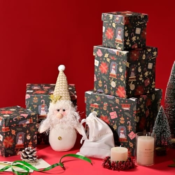 PAPER FAIR 5PCS Christmas Nesting Gift Boxes with Lid, Xmas Nested Box Set, 5 Sizes, Square Stackable, Green Gold Foil Snowman Candy Cane Paper Box Tower Décor, for Holiday Thanksgiving New Year