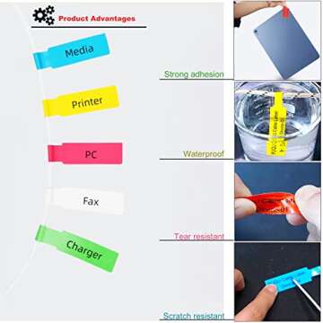 FXHDC-M 240 Pcs 8 Colours Cable Labels Tear Resistant Self-Adhesive Cable Identification Tags Waterp...