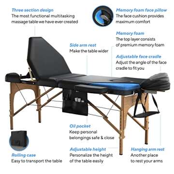 Luxton Home 3-Section Premium Memory Foam Massage Table with Rolling Travel Case - Easy Set Up (Black)