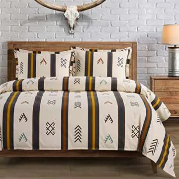 HiEnd Accents Toluca Canvas Western Bedding 3 Piece King Comforter Set, Cattle Brand Symbols Print, Striped Cotton Rustic Cabin Lodge Bed Set, 1 Comforter, 2 Pillow Shams