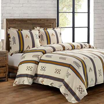 HiEnd Accents Toluca Canvas Western Bedding 3 Piece King Comforter Set, Cattle Brand Symbols Print, Striped Cotton Rustic Cabin Lodge Bed Set, 1 Comforter, 2 Pillow Shams