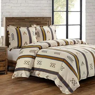 HiEnd Accents Toluca Canvas Western Bedding 3 Piece King Comforter Set, Cattle Brand Symbols Print, Striped Cotton Rustic Cabin Lodge Bed Set, 1 Comforter, 2 Pillow Shams