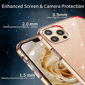 Hoerrye Compatible with iPhone 13 Pro Case for Women Girls,Glitter Clear Shockproof Protective Phone Case [Not Yellowing][Anti Scratch] Slim Thin Cute Cover 6.1 inch Accessories-Glitter Rose Gold