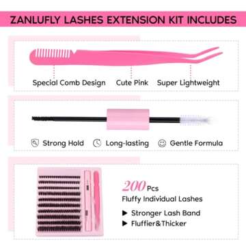 zanlufly Fluffy Lashes Extension Kit 20MM Mink Lashes Clusters Individual Lashes with Lash Bond and Seal and Applicator Thick Eyelashes Extension Kit