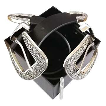 DaFang Western Belts for Women, Vintage Design Leather Belt with Western-style Buckle, Black Waist Belt for Pants Jeans Dresses (Black-Double buckle, 25Inch(Suit waist 30 inch ~33.5 inch ))