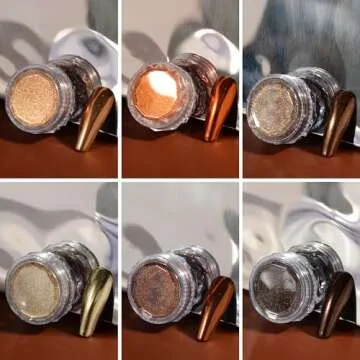 Chrome Nail Powder Set, 6 Maillard Colors Metallic Brown Chrome Nail Powder Mirror Effect Brown Pigment Chrome Powder Manicure Nail Glitter Dust with Sponge Applicators