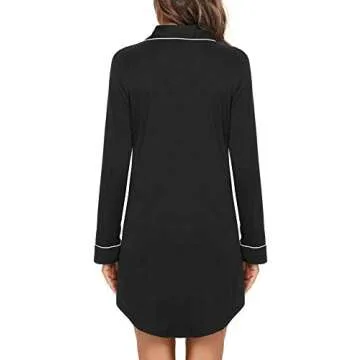 Samring Women's Nightgown Button Down Sleepshirt Long Sleeve Nightshirt Boyfriend Notch Collar Sleepwear Black S