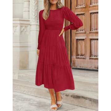 ZESICA Women's 2024 Casual Long Sleeve Crew Neck High Waist Smocked Flowy Tiered Midi Dress,Red,Medi...