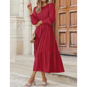 ZESICA Women's 2024 Casual Long Sleeve Crew Neck High Waist Smocked Flowy Tiered Midi Dress,Red,Medium