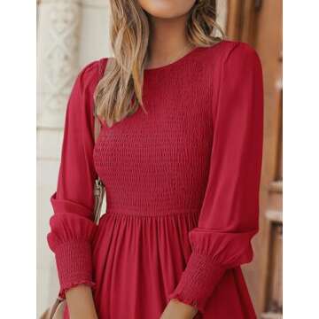 ZESICA Women's 2024 Casual Long Sleeve Crew Neck High Waist Smocked Flowy Tiered Midi Dress,Red,Medium