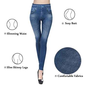 Blostirno Women's Denim Print Fake Jeans Look Like Leggings Sexy Stretchy High Waist Slim Skinny Jeggings(Blue with Pocket S)