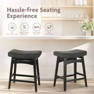 ALPHA HOME Bar Stools Set of 2, Solid Wood Saddle Kitchen Stools with Black PU Leather Cushion Counter Height Barstools with Wooden Base for Kitchen Dining Cafe, 24 Inch, Black, 2PCS