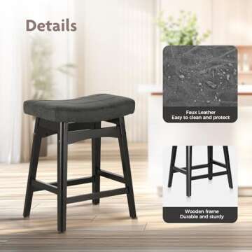 ALPHA HOME Bar Stools Set of 2, Solid Wood Saddle Kitchen Stools with Black PU Leather Cushion Counter Height Barstools with Wooden Base for Kitchen Dining Cafe, 24 Inch, Black, 2PCS