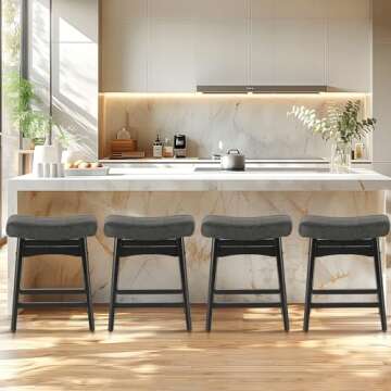 ALPHA HOME Bar Stools Set of 2, Solid Wood Saddle Kitchen Stools with Black PU Leather Cushion Counter Height Barstools with Wooden Base for Kitchen Dining Cafe, 24 Inch, Black, 2PCS