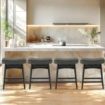 ALPHA HOME Bar Stools Set of 2, Solid Wood Saddle Kitchen Stools with Black PU Leather Cushion Counter Height Barstools with Wooden Base for Kitchen Dining Cafe, 24 Inch, Black, 2PCS