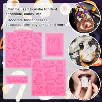 Whaline 4 Packs Halloween Ghost Fondant Silicone Molds Cute Spooky Ghost Chocolate Candy Mould for Halloween Kitchen Party Baking Crafts Decor Supplies