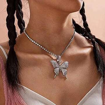 VESOCO Gorgeous Butterfly Choker Necklace Layered Tennis Chain Crystal Iced Out Butterflies Necklaces Sparkly Butterfly Chain Jewelry for Women (Silver Style 2)