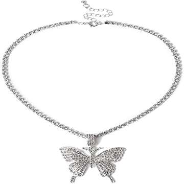 VESOCO Gorgeous Butterfly Choker Necklace Layered Tennis Chain Crystal Iced Out Butterflies Necklaces Sparkly Butterfly Chain Jewelry for Women (Silver Style 2)