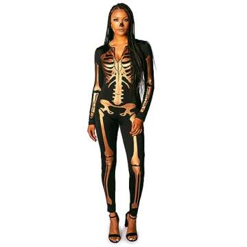 Flattering Gold Skeleton Bodysuit for Halloween - Women's Costume