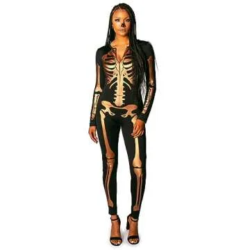 Flattering Gold Skeleton Bodysuit for Halloween - Women's Costume