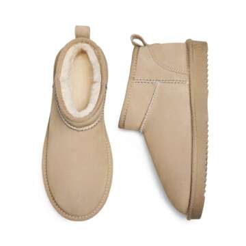 DREAM PAIRS Ankle Winter Mini Boots for Women Genuine Suede Faux Fur Lining Water Resistant Warm Snow Boots Slip On Memory Foam Comfort Booties FuzzyClassic,Size 7.5,Sand,SDSB2405W