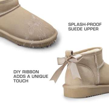 DREAM PAIRS Ankle Winter Mini Boots for Women Genuine Suede Faux Fur Lining Water Resistant Warm Snow Boots Slip On Memory Foam Comfort Booties FuzzyClassic,Size 7.5,Sand,SDSB2405W