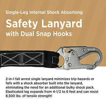 AFP Universal Full-Body Fall Protection Safety Harness w/Dorsal D-Ring Tongue Buckle Legs Hi-Viz Green, Shock Absorbing Lanyard (OSHA/ANSI Rated) (1 Pack, Harness + Single Leg Lanyard w/Snap Hooks)