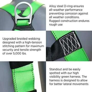 AFP Universal Full-Body Fall Protection Safety Harness w/Dorsal D-Ring Tongue Buckle Legs Hi-Viz Green, Shock Absorbing Lanyard (OSHA/ANSI Rated) (1 Pack, Harness + Single Leg Lanyard w/Snap Hooks)