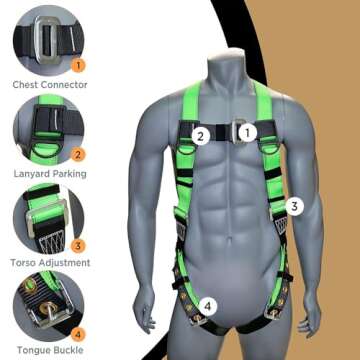 AFP Universal Full-Body Fall Protection Safety Harness w/Dorsal D-Ring Tongue Buckle Legs Hi-Viz Green, Shock Absorbing Lanyard (OSHA/ANSI Rated) (1 Pack, Harness + Single Leg Lanyard w/Snap Hooks)