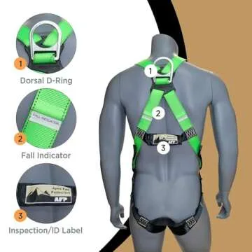 AFP Universal Full-Body Fall Protection Safety Harness w/Dorsal D-Ring Tongue Buckle Legs Hi-Viz Green, Shock Absorbing Lanyard (OSHA/ANSI Rated) (1 Pack, Harness + Single Leg Lanyard w/Snap Hooks)